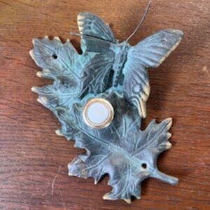 Vintage Brass(?) Cast Metal Green/Gold Patina Oak Leaves & Butterfly Doorbell